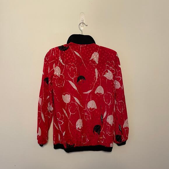 Vintage M long sleeve button up blouse tulip floral polka dot AOP red white - Picture 6 of 8